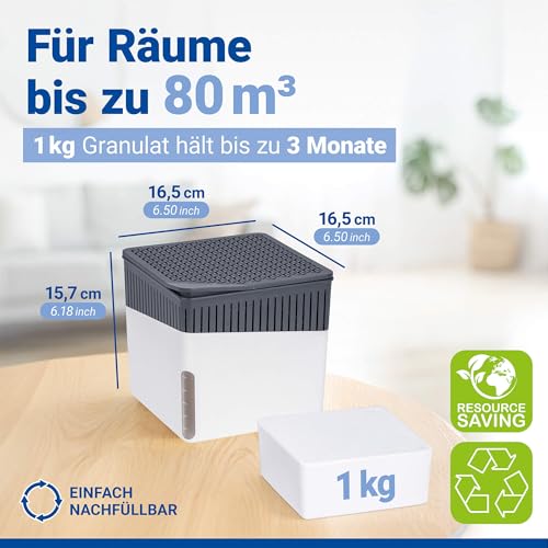 Foto von WENKO Raumentfeuchter Mod. Cube mit 1000 g Entfeuchter Granulat, für Räume bis 80 m³, beugt Schimmel und Gerüchen vor, ohne Strom, geräuschlos, nachfüllbar, Weiß
