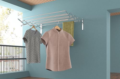 Image of Premium Heavy-Duty Stainless Steel Retractable Wall-Mounted Clothes Drying Rack | Multi-Rod Design for Laundry Room, Bathroom, Balcony, Indoor & Outdoor Use - 9 Rod, 4 Feet