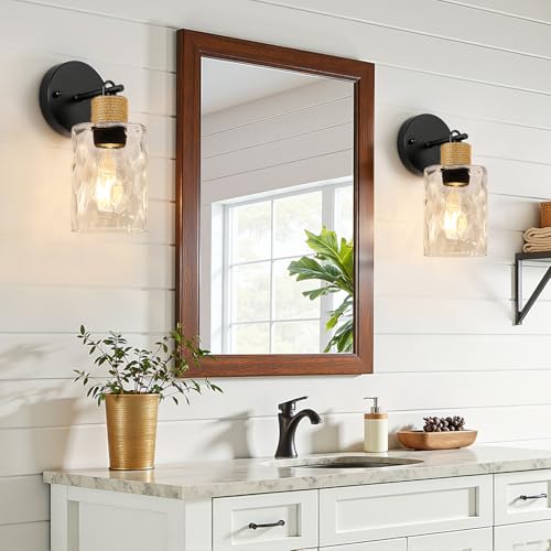 Image of MOKATNG Set of 2 Wall Sconces for Bathroom, Coastal Modern Vanity Lights with Crystal Glass Shade, Black Bathroom Wall Lamp for Mirror Kitchen Living Room Hallway Cabinet Porch