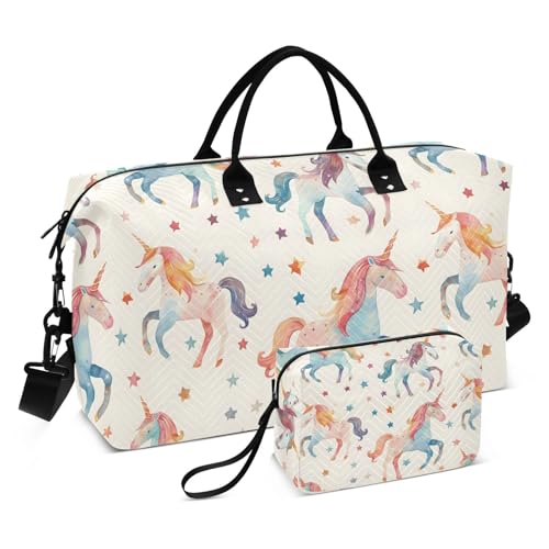 Childrens Cartoon Watercolor Unicorn Lite Color MinimTravel Duffle Bag,Large Weekender Travel Bag for Women Men Waterproof Luggage Bag with Trolley Sleeve,Airplane Travel Essentials for Flying