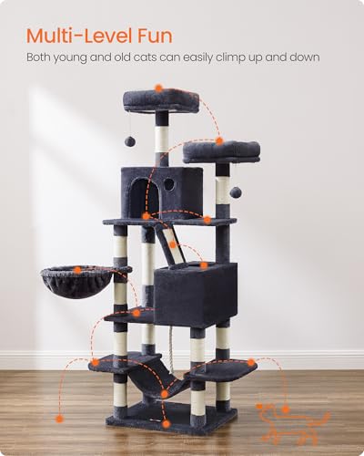 Image of Feandrea Cat Tree, 66.1-Inch Large Cat Tower, Multi-Level Condo, Smoky Gray