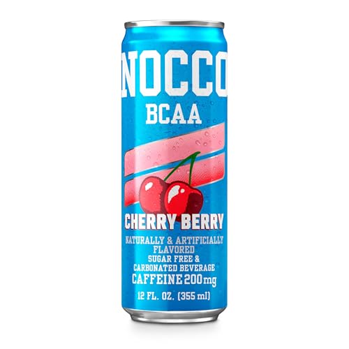 NOCCO BCAA Energy Drink Cherry Berry - 12 Fl Oz (Pack of 12) - 200mg of Caffeine, Sugar Free Energy Drinks - Carbonated & Low Calorie, BCAAs, Vitamin B6, B12, & Biotin - Grab & Go Performance Drink