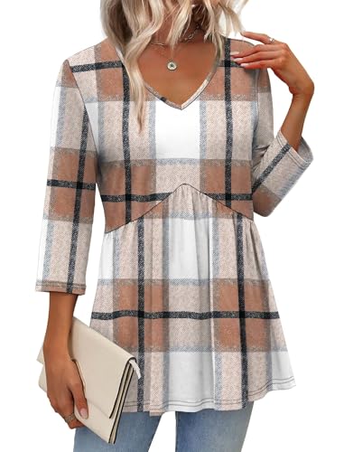 Image of OFEEFAN 3 /4 Length Sleeve Womens Tops 2026 Blouses for Women Dressy Casual Fashion Clothing V Neck Babydoll Tops Fall Outfits