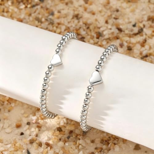 Image of 2Pcs First Day of Kindergarten Preschool Bracelets for Mommy and Me, Matching Heart Beaded Bracelets for Mother Daughter