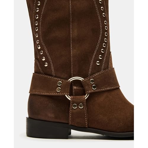 Women's Suede Knee High Riding Boots Studded Western Boots Round Toe Motorcycle Boots Wide Calf Pull on Biker Boots4