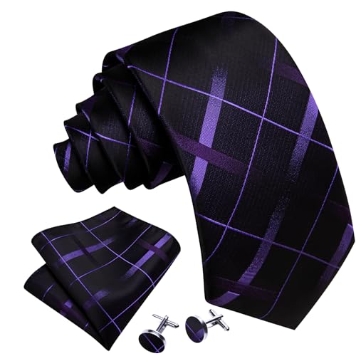 Image of Barry.Wang Plaid Ties for Men Silk Necktie Handkerchief Cuff Links Set