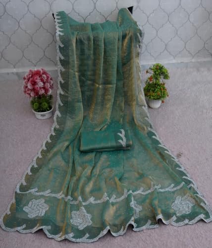 Image of Chiffon Satin Saree for Women with C Pallu PP Siroski Diamond Work, Cutwork Border & Matching Blouse Saree for Wedding, Festive and Traditional Occasions