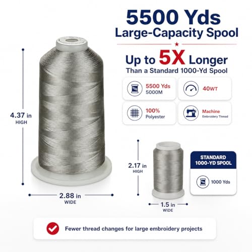 Image of Simthread Embroidery Machine Thread 5000M 40WT Polyester, Silver 005 | 5000M 40WT polyester thread feeds smoothly for home or commercial embroidery projects.