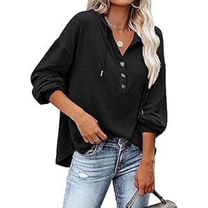 VIGVAN Kapuzenpullover Damen Hoodie Langarm V-Ausschnitt Pullover Knopfleiste Henley Sweatshirt mit Kapuze Kordelzug Oberteil
