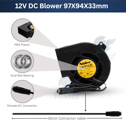 Image of 12V DC Blower Fan, 97x94x33mm, with Variable Speed Controller and AC Adapter, Dual Ball Bearing, for DIY Ventilation & Electronics Cooling