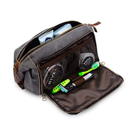 Habitoux Mens Canvas Toiletry Bags for Women Travel Toiletry Bag Dopp Kit with Genuine Leather Trim and YKK Zipper Cover