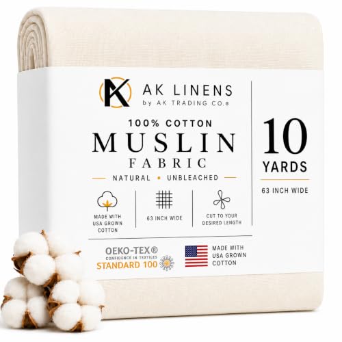 AK TRADING CO. Muslin Fabric/Textile Unbleached - Draping Fabric - Natural 10 Yards Medium Weight - 100% Cotton (63in. Wide)