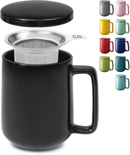 Cosumy Tasse à Thé avec Infuseur et Couvercle 500ml Grand - Céramique - Reste Chaud Longtemps - Noir