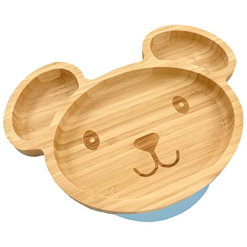 Hochwertiger Baby/Kleinkind Saugnapf-Teller aus natürlichem Bambus, mit rutschfestem Saugfuß (Bär Hellblau) Cover