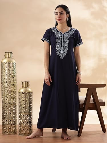 Image of 9shines Label Stylish Alpine Nighty Maxi for Women | Full Length Trendy Nightgown | Premium Nightdress | Nightwear | Heavy Embroidery Nighty with Pockets(2891)