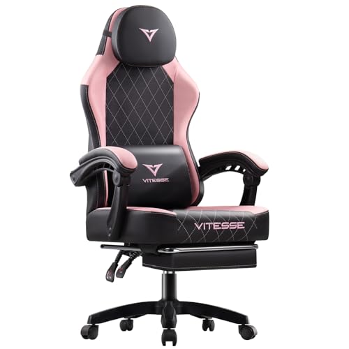 PUKAMI Gaming Chair with Footrest,Ergonomic Gamer Chair for Adults, Racing Style Reclining Computer Game Chair with Headrest and Lumbar Support (Pink)