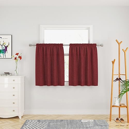 UPOPO Red Tier Linen Textured Kitchen Window Curtains - 36 Inch Burgundy Cafe Curtains - Privacy Panels for Sink, Bathroom, Basement Windows