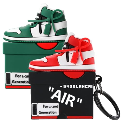 Image of [2Pack] Gedicht for Apple Airpods 2nd Generation Case Cover, Cute Cartoon Shoe Box Soft Silicone Protective Cases for AirPods 1&2 Case with Keychain for Women Men, Red+Green