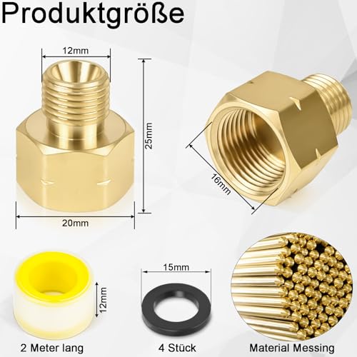 FLEXNOVA 2 Stück Gas Adapter, Messing Gasflaschen Gasanschluss Adapter Gasflasche Gasschlauch Verbinder 3/8 auf 1/4 mit Gewindedichtband und Dichtring Gasadapter IG 3/8 x AG 1/4 links für Gasflasche