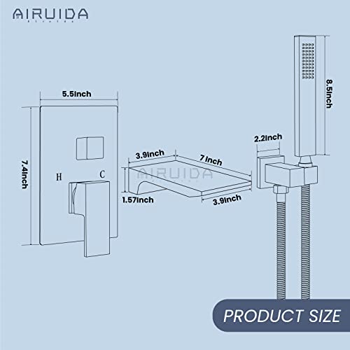 Airuida Matte Black Wall Mount Tub Faucet With Waterfall Tub Spout Wall Mounted Bathtub Faucetwith Handheld Shower Sprayer Modern Single Handle Tub Filler Shower Faucet Set With Rough-In Valve #TOP5