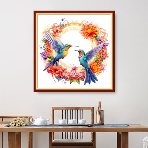 Image of Foxdiviy Stamped Cross Stitch Kits for Beginners Full Range of Cross Stitching 11 CT Printed Cross Stitch Kits for Adults Cross Stitch Patterns Needlepoint Kits-Hummingbird Wreath 18x18 inch
