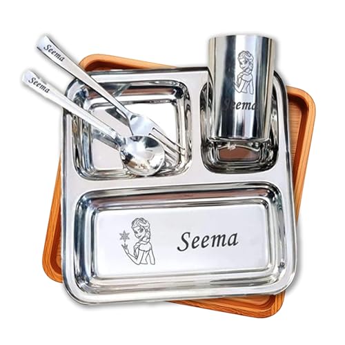 Image of SAVRI Personalized Stainless Steel Mealtime Printed Dish - Customized Name & Favorite Cartoon Motif Engraved - Kids Dinner Set for Boys & Baby Girls - Ideal Birthday & Return Gift - 4 Pcs (1 Set)