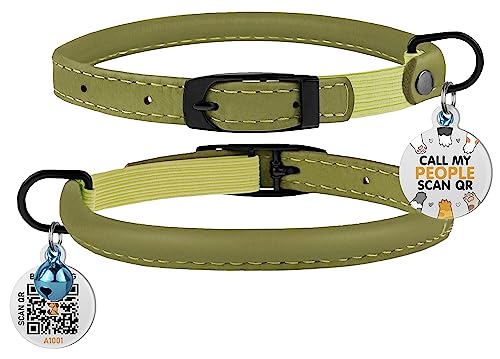 Bronzedog Cat Collar With Bell Kitten Rolled Leather Collars Safety Qr Id Name Tag (8" - 10", Olive Green) #TOP5