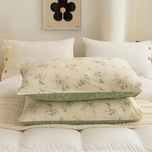 Image of ECOCOTT 2 Pack Pillowcase Standard Size, Green Floral Pillow Cases Set - 100% Cotton Pillow Covers with Envelope Closure (Standard, 20 inchx26 inch)