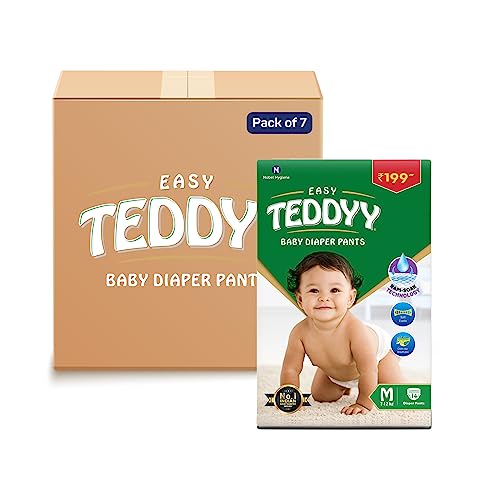 Image of TEDDYY Easy Baby M Size Diaper Pant Style | 98 Count (Medium) | 7-12 kg (Pack of 7) | Long Protection Hours | Anti-Bacterial | Airy Breathable Fit | Rapid Soaker Channels with Wetness Indicator