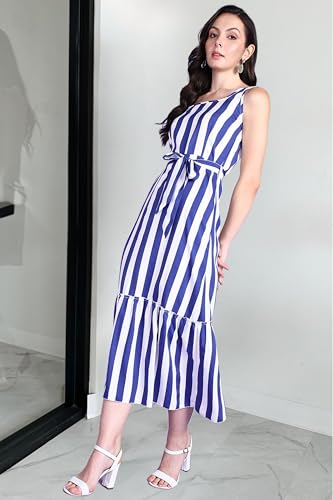 Image of POPWINGS Women Casual Blue & White Stripe Long Belt Dress Dress | Stylish Dress | Trendy Dress