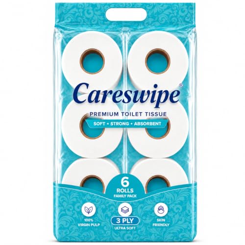 Careswipe 3 Ply Toilet Tissue Roll Family Pack 6-in-1 | Soft And Highly Absorbent Toilet Paper 6 Rolls | | 100% Natural Virgin Cellulose Fiber