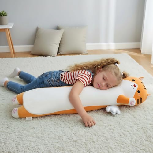 Image of Long Cat Plush Pillow, Cute Cat Stuffed Animal Body Pillow with Wings, Soft Kawaii Kitty Hugging Pillow, Christmas Valentine's Birthday Gift for Kids Girls Boys (Yellow, 110cm /43.31in)