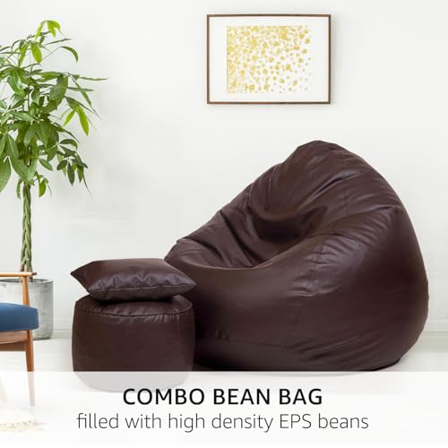 Image of Amazon Brand - Solimo 4XL Premium Faux Leather Bean Bag with Footstool & Cushion Combo for Living Room | Bean Bag Filled with Beans | Capacity Upto 6'5 inch Height & 125 Kg Weight | (Dark Brown)