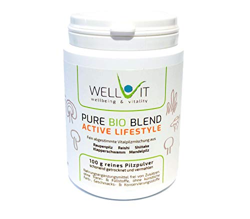 Pure Bio Funghi Blend Active Lifestyle 100g Cordyceps, Reishi, Agaricus blazei, Maitakeaus, Shiitake de Agricoltura biologica dell'UE, vegana, senza additivi artificiali