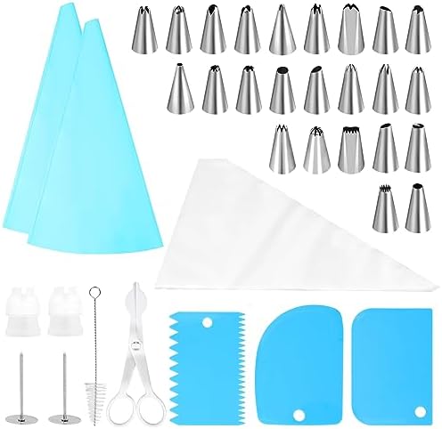 Complete Cake Decorating Kit - 24 Stainless Steel Tips, 2 Silicone Bags, Couplers, Scrapers & Rings