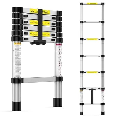 6.6FT Telescoping Ladder, Aluminum Extension Ladder with Triangle Stabilizers & Anti-Slip Feet, Fits for RV, Roof, Outdoor Use - Portable Folding Design, 330lb Capacity