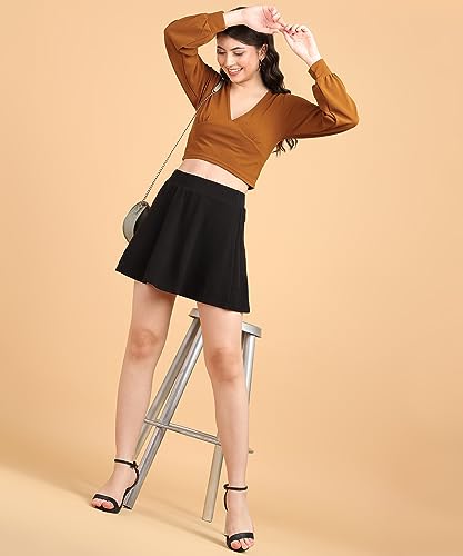 Image of POPWINGS Women Casual Self Design Rust Deep V Neck Full Sleeve Crop Top | Women Tops | Women Regular Tops | Women Tops | Women Stylish Tops