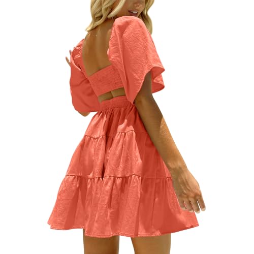 OWNGIGI Women's Summer Dresses Square Neck Short Sleeve Cutout Crossover Elastic Waist Casual Party A-Line Mini Dress