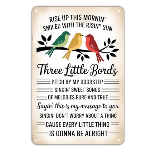 Three Little Birds tin sign, Vintage Inspirational Don't Worry Quote Bird Metal Sign print Aesthetic Room Decoration for Home Bedroom Kitchen Bar Coffee Bathroom Indoor Outdoor Wall Decor, 8 X 12 in