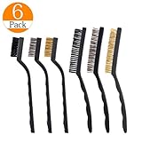 6 pieces Scratch Brush (Stainless Steel + Brass + Nylon) with 2 sizes, Curved Handle Wire bristle for Cleaning Welding Slag and Rust