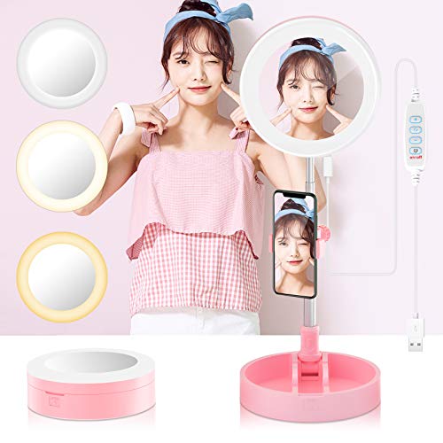 LEDリングライト 撮影照明用ライト 鏡付き 3色モード 6インチ 10段階調光 USB充電式 折りたたみ式 コンパクト 卓上ライト デスクライト3600k-6000k 補助光 高輝度LED 収納省スペース 携帯便利 スマホホルダー付き 自撮り/美容化粧/
