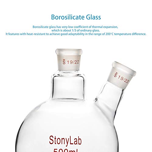 Stonylab Glass 500Ml Heavy Wall 2 Neck Round Bottom Flask Rbf, With 19/22 Center And Side Standard Taper Outer Joint - 500Ml #TOP2