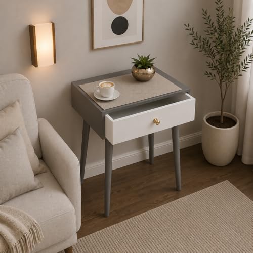 Image of End Table with Storage Rack Wooden Nightstand Bedside Table Storage Bookcase Nightstand Side End Table Living & Bed Rooms (Grey White)