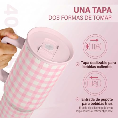 Image of SANDJEST Pink Gingham 40oz Slider Tumbler with Handle and Straw - Insulated Stainless Steel Travel Coffee Mug for Women Girls, Gift for Birthday, Christmas