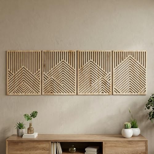 Wesiti 4 Pcs Wooden Mountain Wall Art Decor Large Abstract Wall Art for Living Room Modern Wood Panel Line Sculptures Nature Rustic Forest Hanging Decor for Office Bedroom Bathroom 15.7 x 12.2''