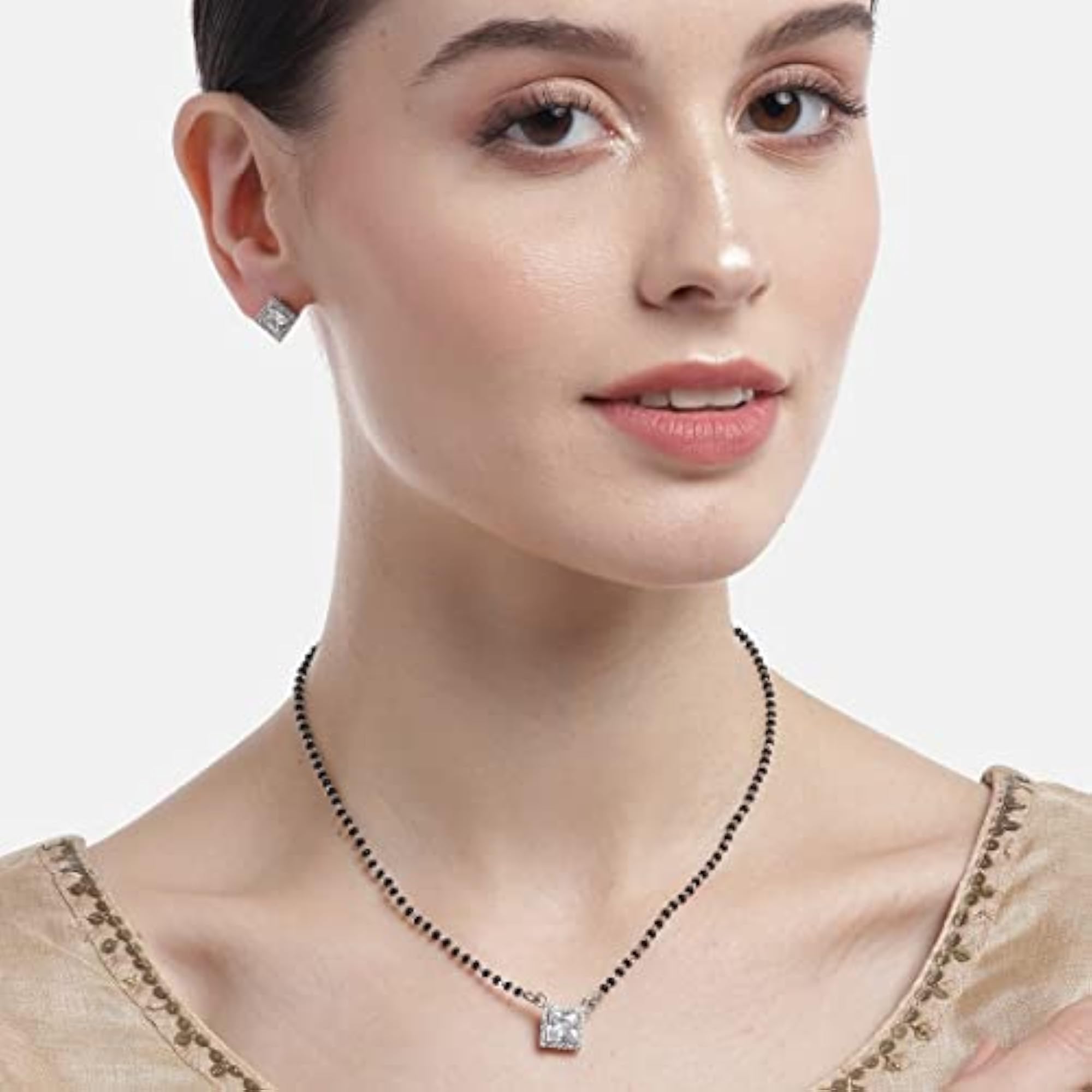 925 Sterling Silver Cubic Zirconia Mangalsutra Set with Stud Earrings