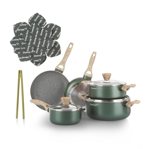 KASANOVA Cooking Therapy Cookware Set, Non-Stick Induction Cookware and Pan Set with Scoop, Complete Kitchen Set with Laser Writing and Wood Effect Handles (12 Pieces)