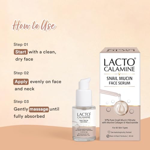 Image of Lacto Calamine 97% Pure Snail Mucin Face Serum with Marine Collagen & Niacinamide | Deep Hydration, Plump & Glowing Skin | Improves Skin Barrier & Elasticity | Korean Skincare Serum | Dermatologically Tested | 30ml