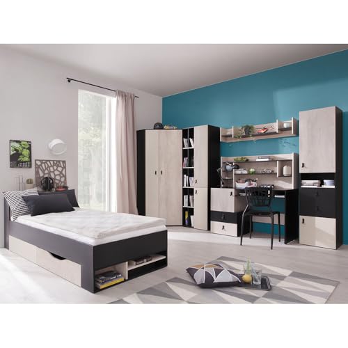 Lomadox Jugendzimmer Set 7-teilig mit Bett, Eckkleiderschrank, 2 Regalschränke, Wandboard, Schreibtisch, Schreibtischaufsatz in schwarz/braun/beige Modern