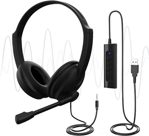 USB Headset with Microphone for PC Laptop Adjustable Noise Cancelling Business Office Headsets 2.5M Length Headphones with In-Line Control